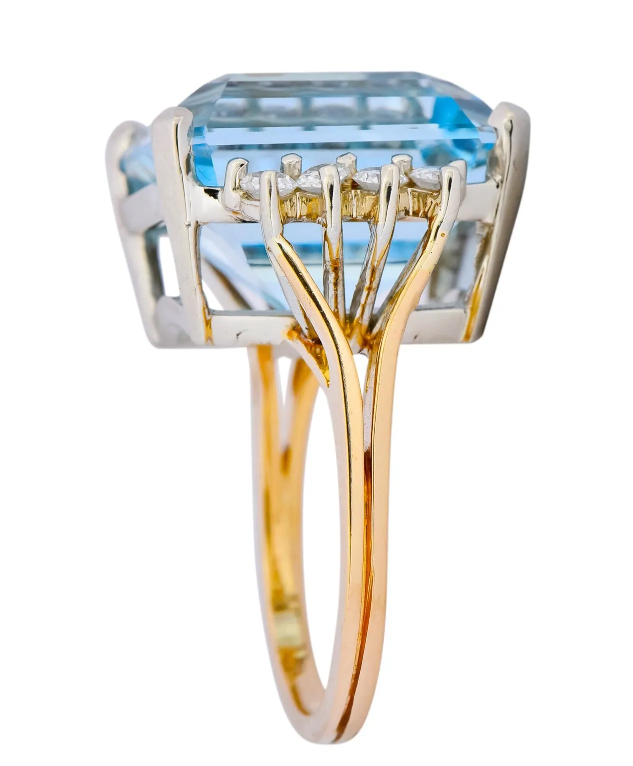 Retro 16.78 CTW Aquamarine Diamond 18 Karat Two-Tone Gold Cocktail Ring