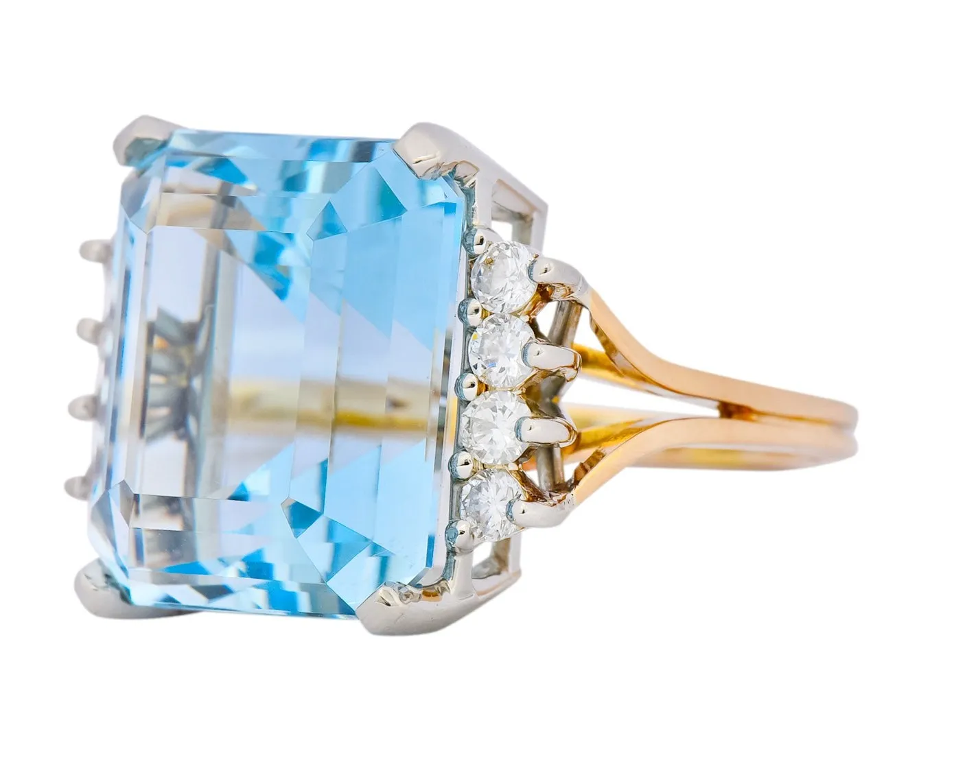 Retro 16.78 CTW Aquamarine Diamond 18 Karat Two-Tone Gold Cocktail Ring