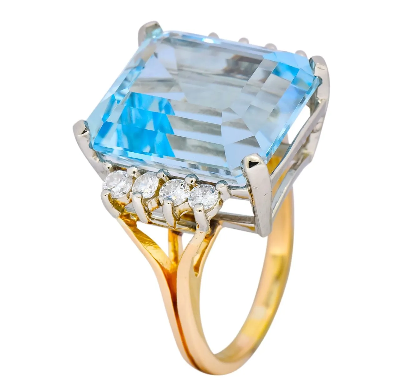 Retro 16.78 CTW Aquamarine Diamond 18 Karat Two-Tone Gold Cocktail Ring