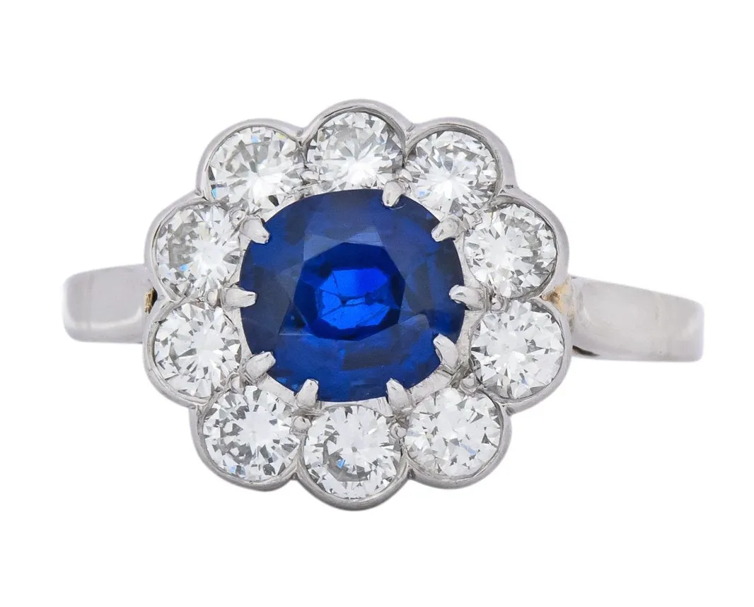 Retro 2.09 CTW No Heat Sapphire Diamond 14 Karat White Gold Cluster Ring GIA