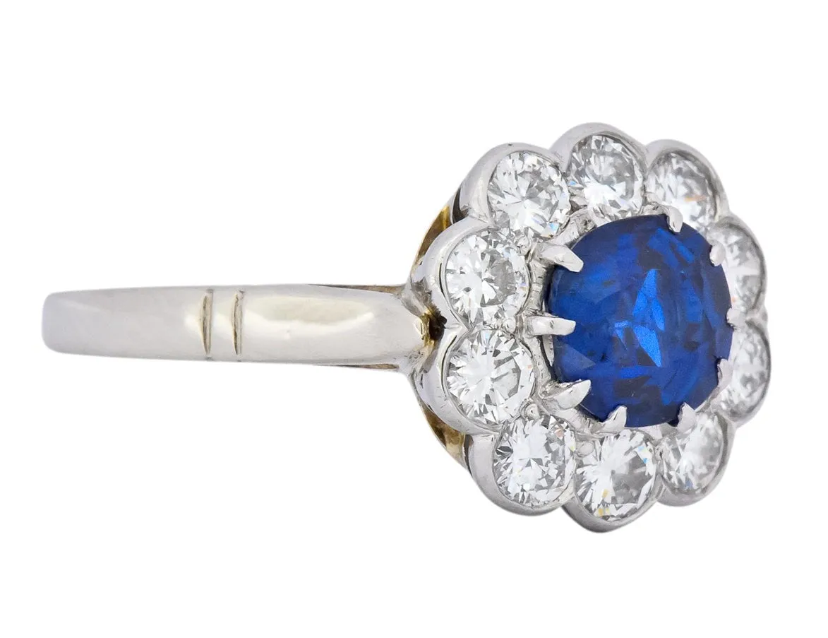 Retro 2.09 CTW No Heat Sapphire Diamond 14 Karat White Gold Cluster Ring GIA