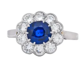 Retro 2.09 CTW No Heat Sapphire Diamond 14 Karat White Gold Cluster Ring GIA