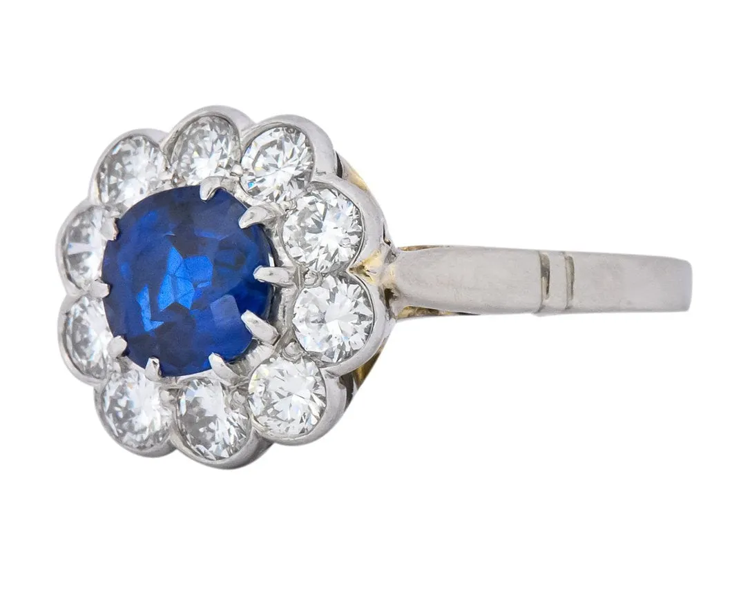 Retro 2.09 CTW No Heat Sapphire Diamond 14 Karat White Gold Cluster Ring GIA