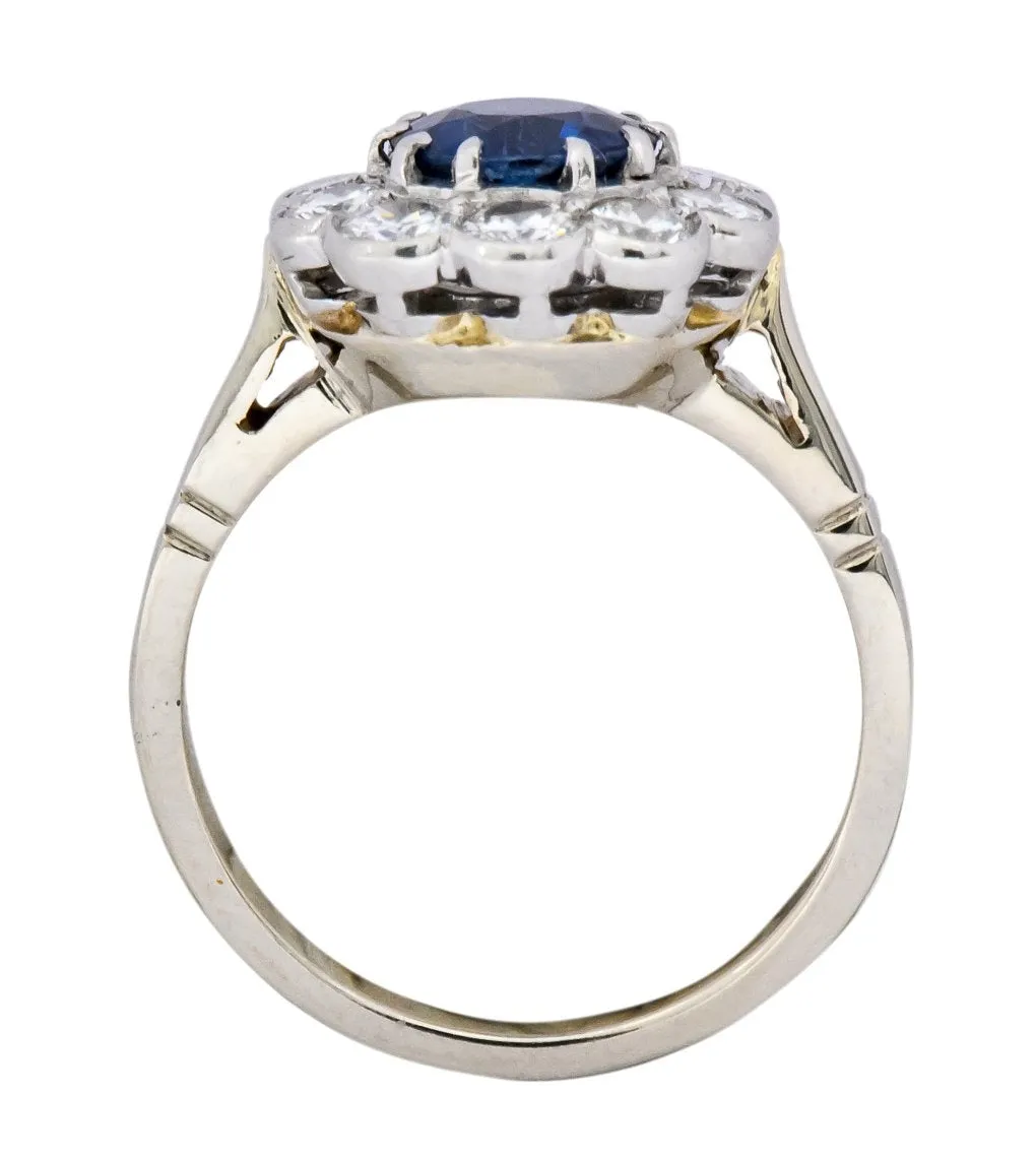 Retro 2.09 CTW No Heat Sapphire Diamond 14 Karat White Gold Cluster Ring GIA