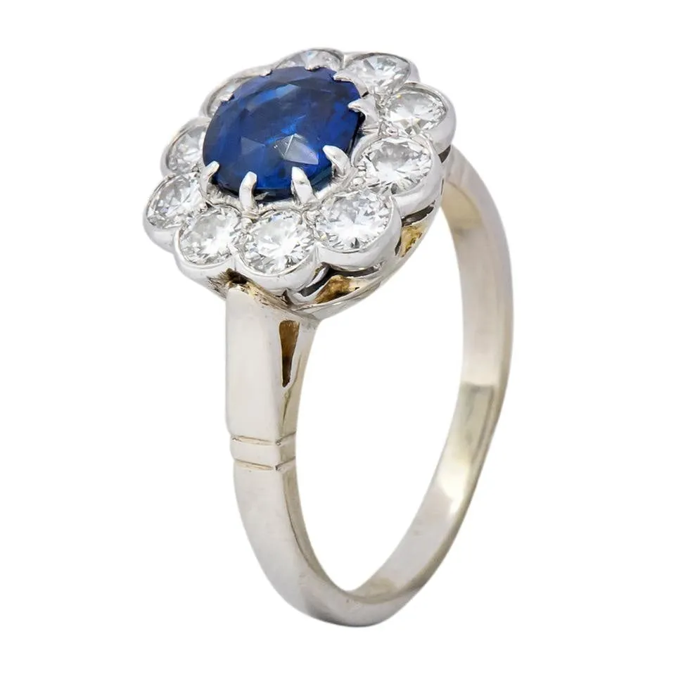 Retro 2.09 CTW No Heat Sapphire Diamond 14 Karat White Gold Cluster Ring GIA