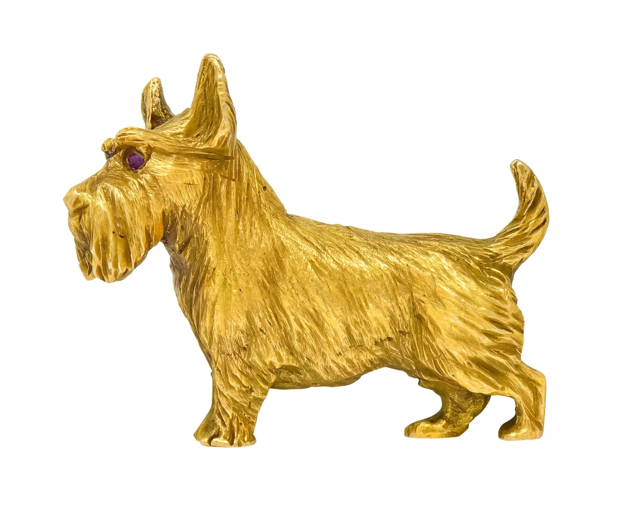 Retro Scottish Terrier 14 Karat Yellow Gold Ruby Brooch Circa 1940