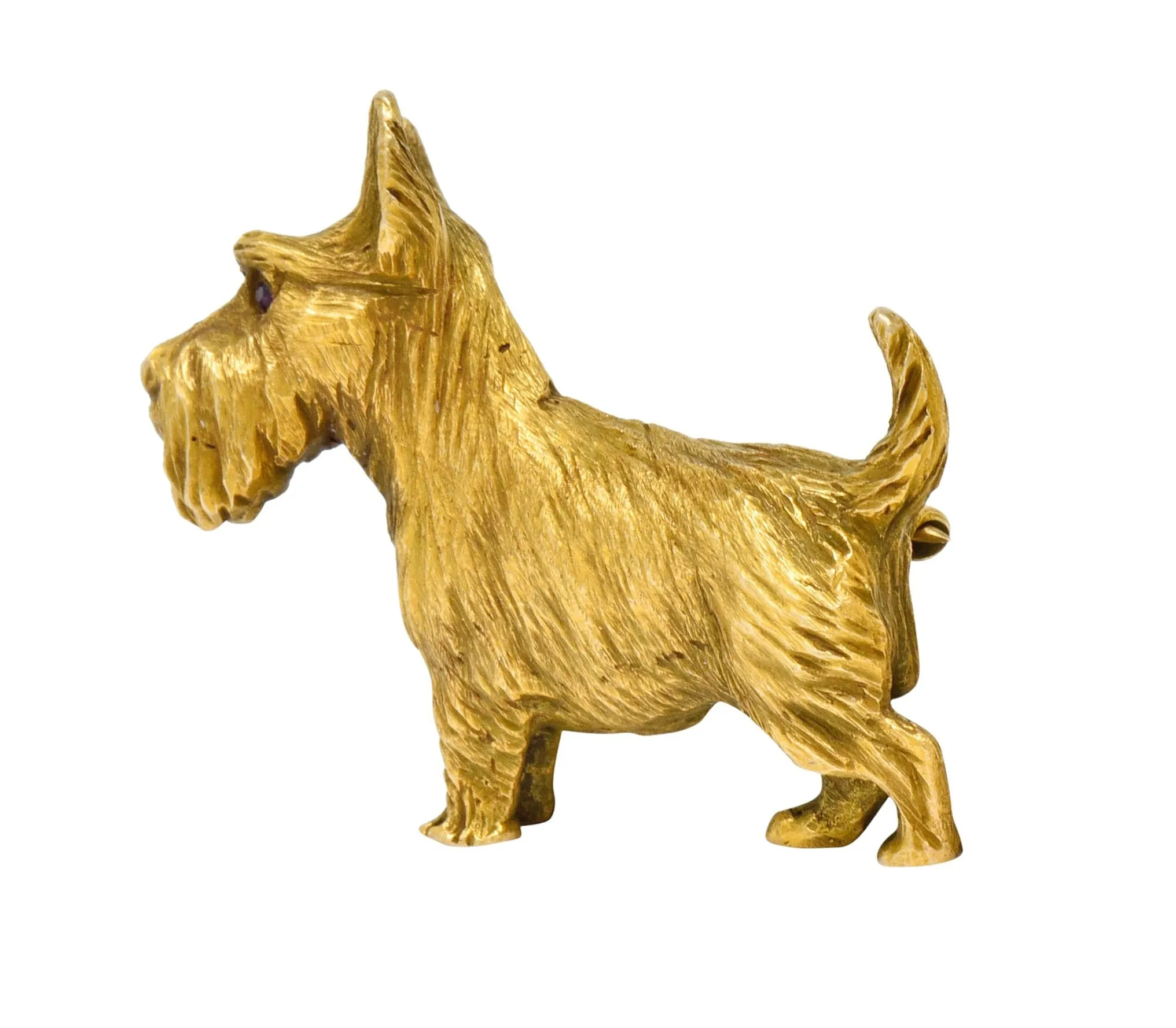 Retro Scottish Terrier 14 Karat Yellow Gold Ruby Brooch Circa 1940