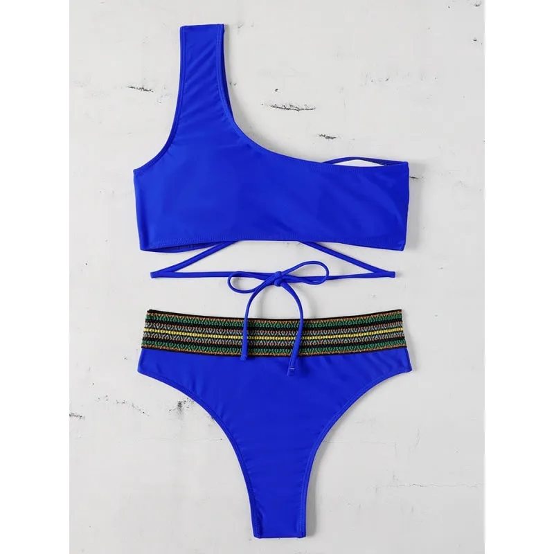 Sexy Solid Color Off Shoulder Micro Bra and Low Waist Thong Swimsuit