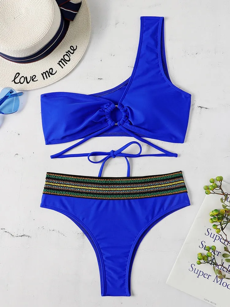 Sexy Solid Color Off Shoulder Micro Bra and Low Waist Thong Swimsuit