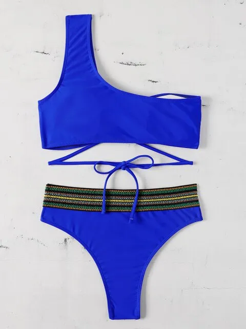 Sexy Solid Color Off Shoulder Micro Bra and Low Waist Thong Swimsuit