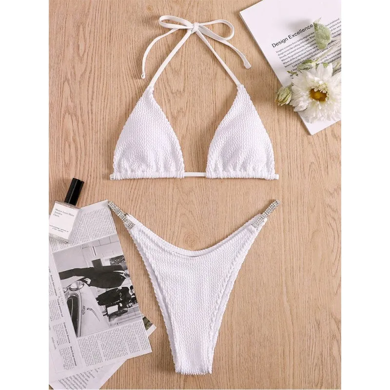 Sexy White Triangle Bikini Set High Cut Thong Halter Bra Bikini Swimsuit