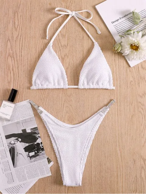 Sexy White Triangle Bikini Set High Cut Thong Halter Bra Bikini Swimsuit