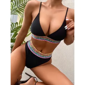 Solid Color Multicolor Patchwork Pattern Push up Bathing Bikini Set Swimsuit