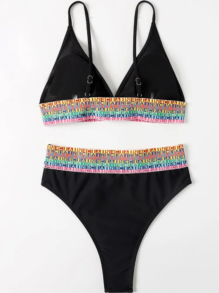 Solid Color Multicolor Patchwork Pattern Push up Bathing Bikini Set Swimsuit