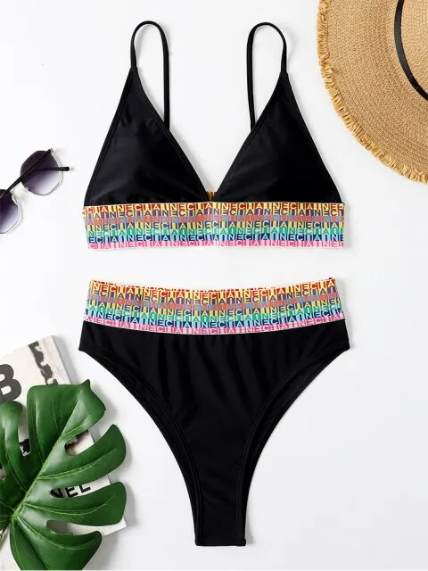 Solid Color Multicolor Patchwork Pattern Push up Bathing Bikini Set Swimsuit