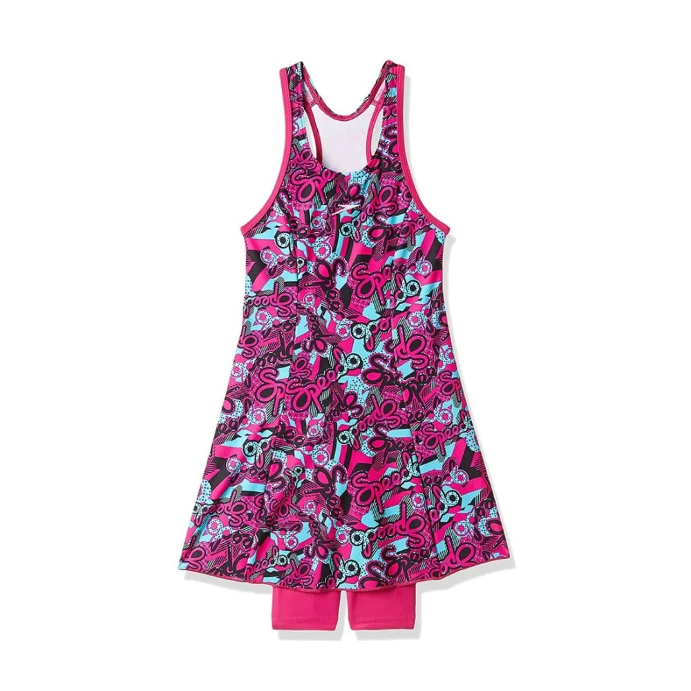 Speedo Girl's Astropop Allover Print Racerback Swimdress with Boyleg (Electric Pink/Light Adriatic/Black)