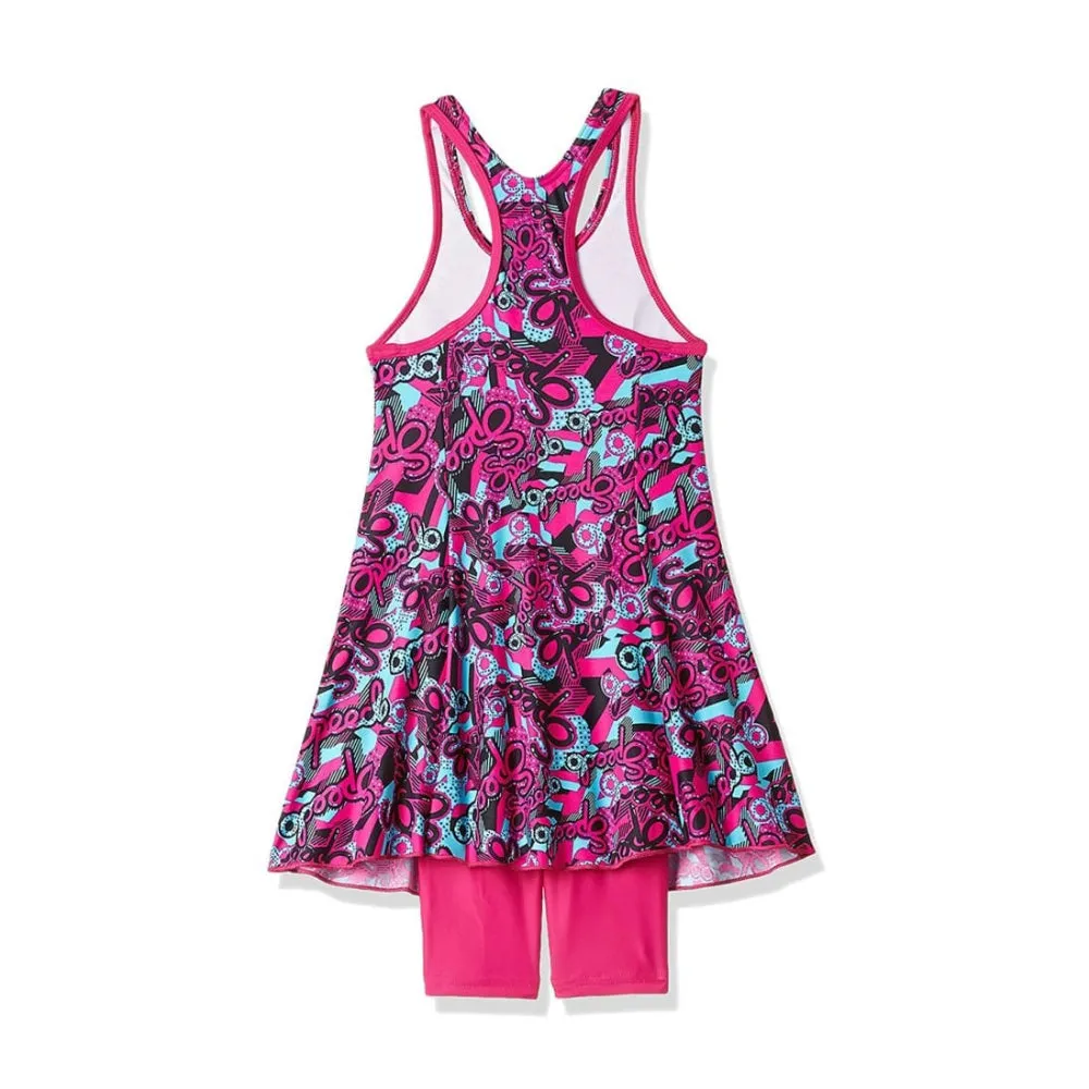 Speedo Girl's Astropop Allover Print Racerback Swimdress with Boyleg (Electric Pink/Light Adriatic/Black)