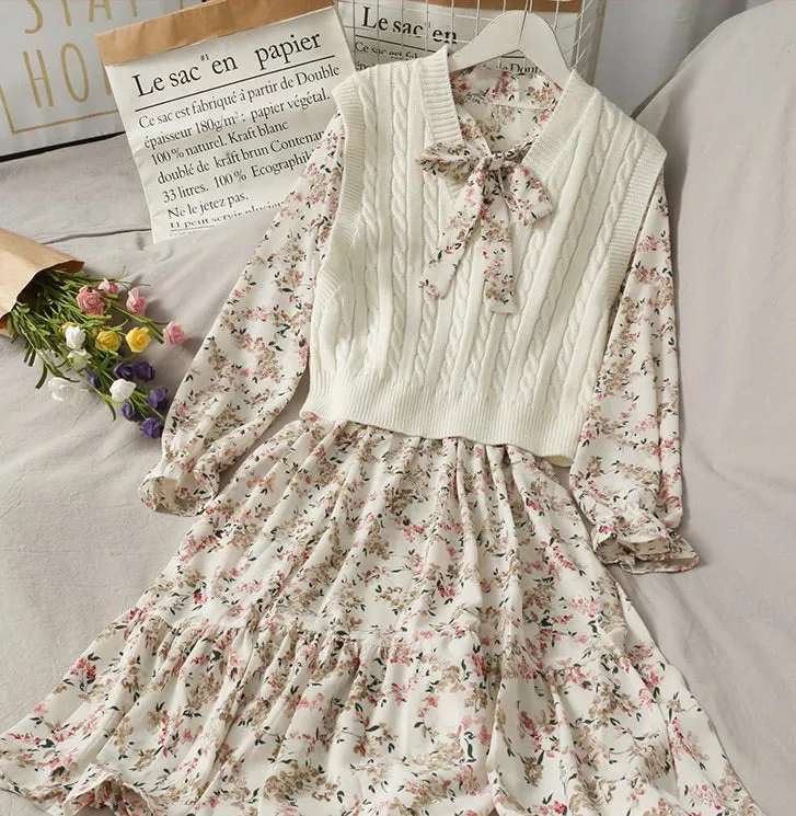 SWEET FLORAL BOW DRESS & KNIT VEST SUIT BY57777