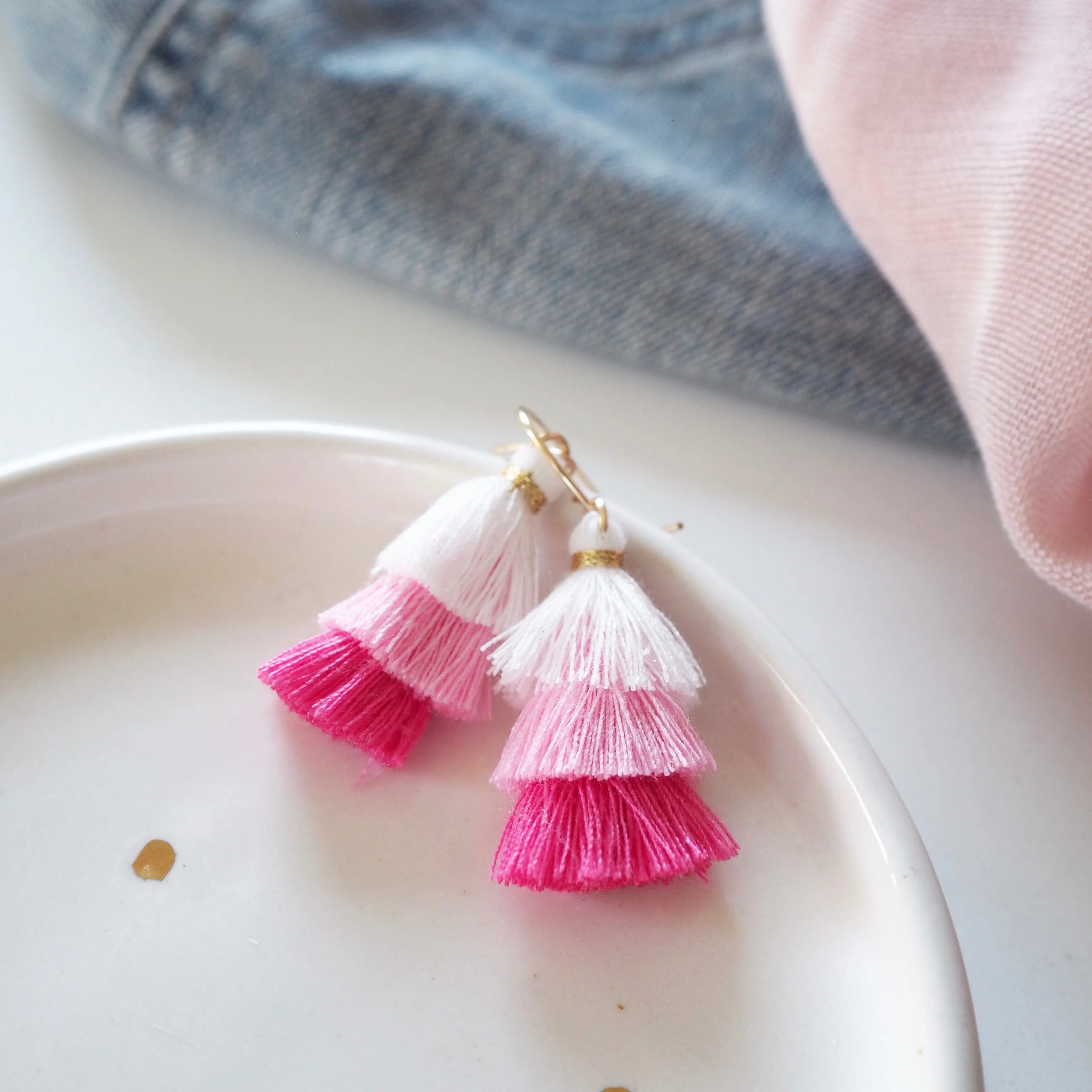 Three Tiered Tassel Earrings - Pink