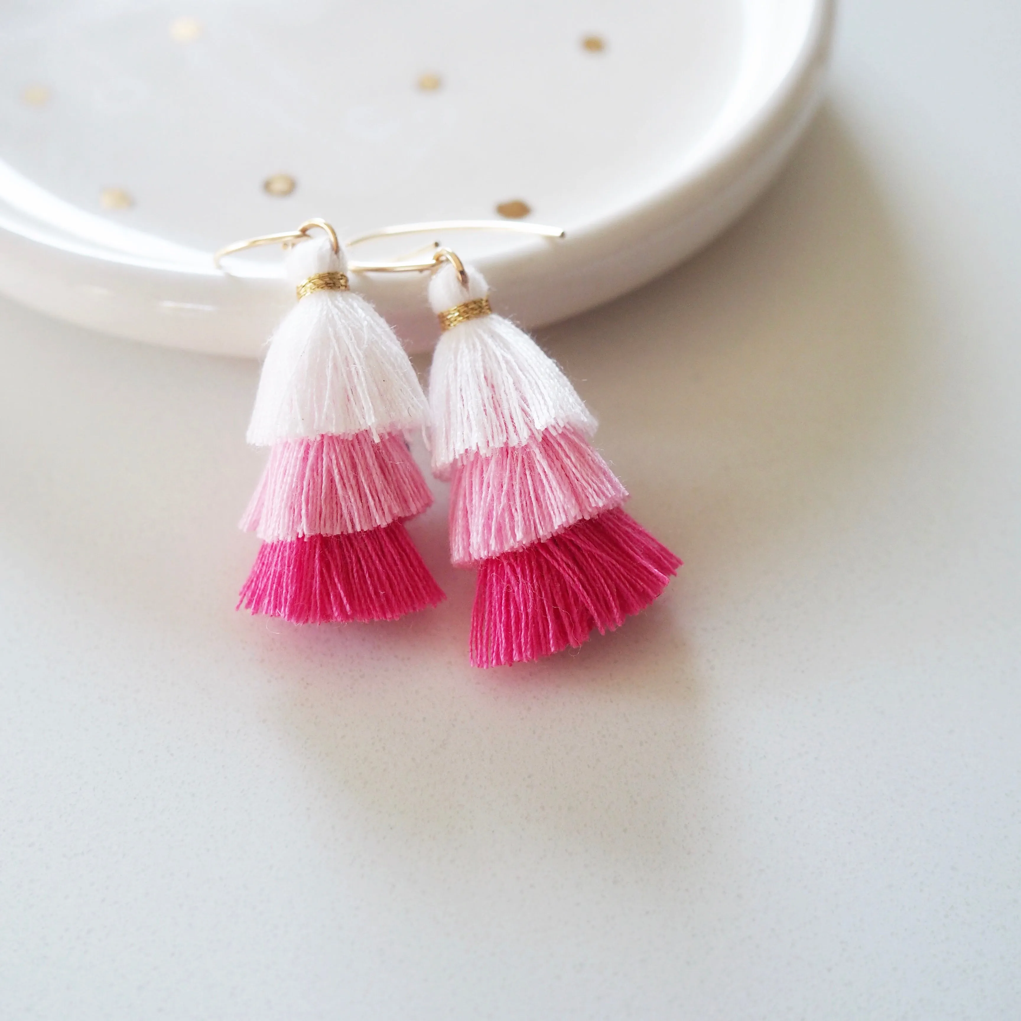 Three Tiered Tassel Earrings - Pink