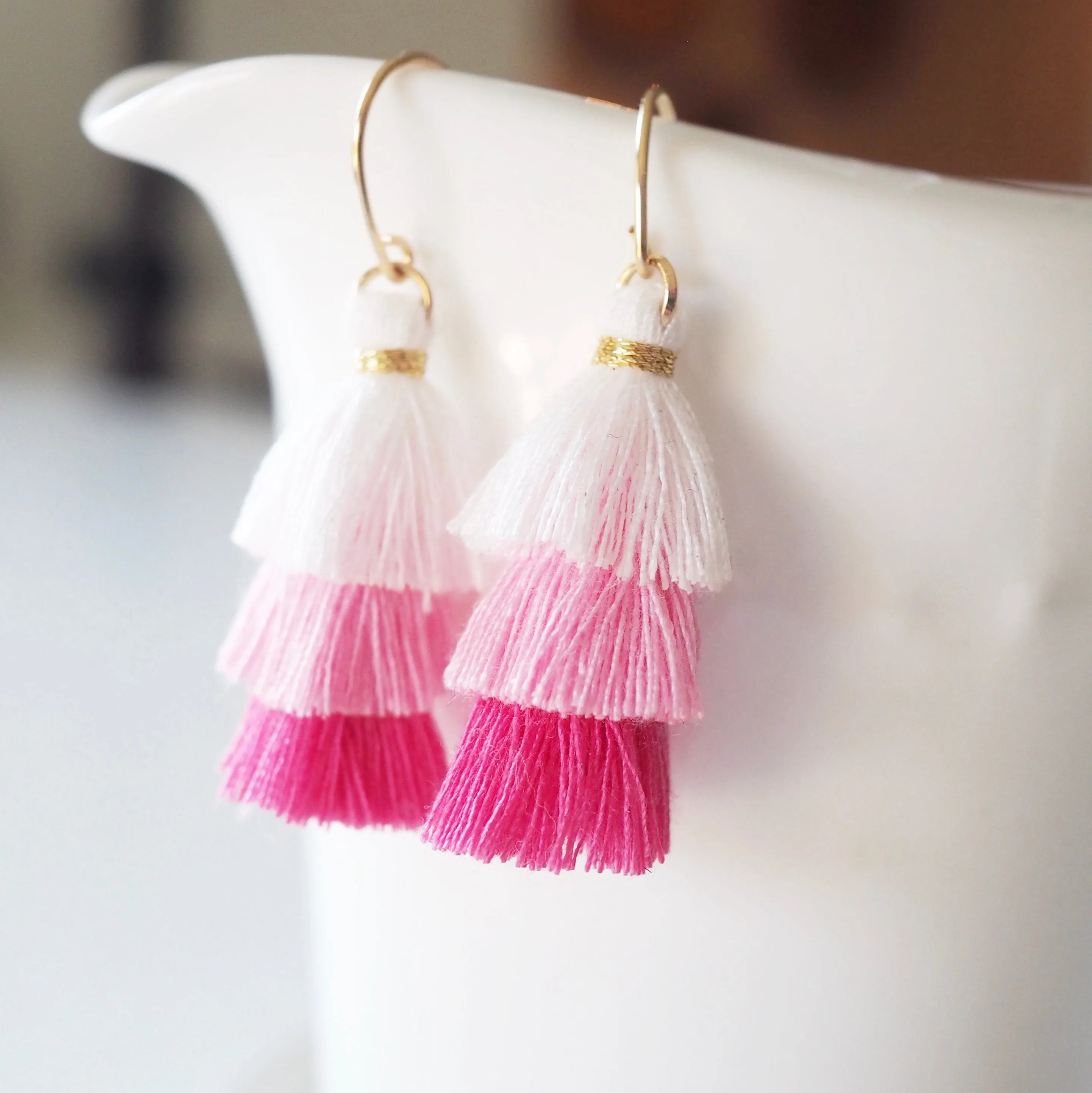 Three Tiered Tassel Earrings - Pink