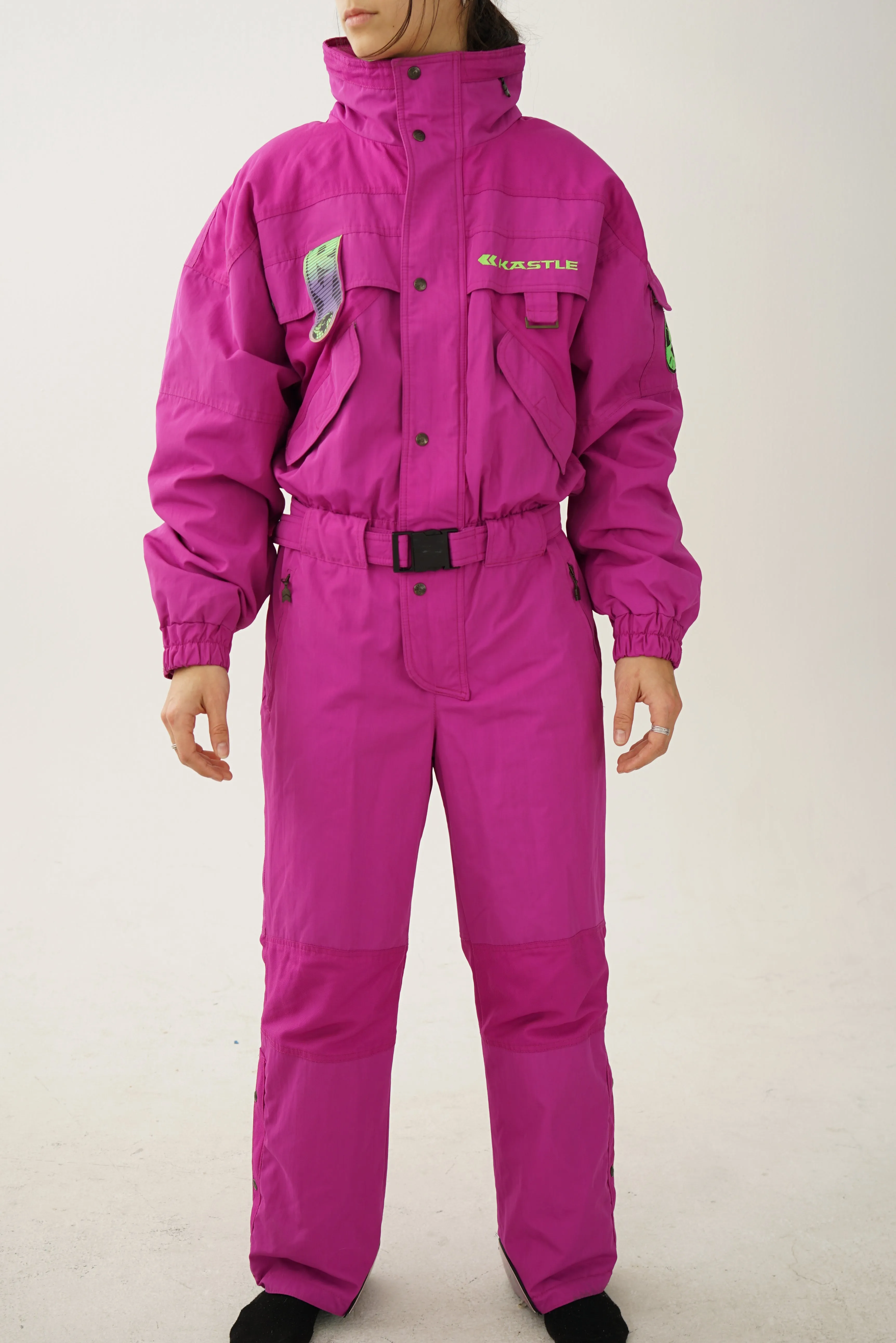 Vintage one piece Kastle ski suit, snow suit magenta T.48