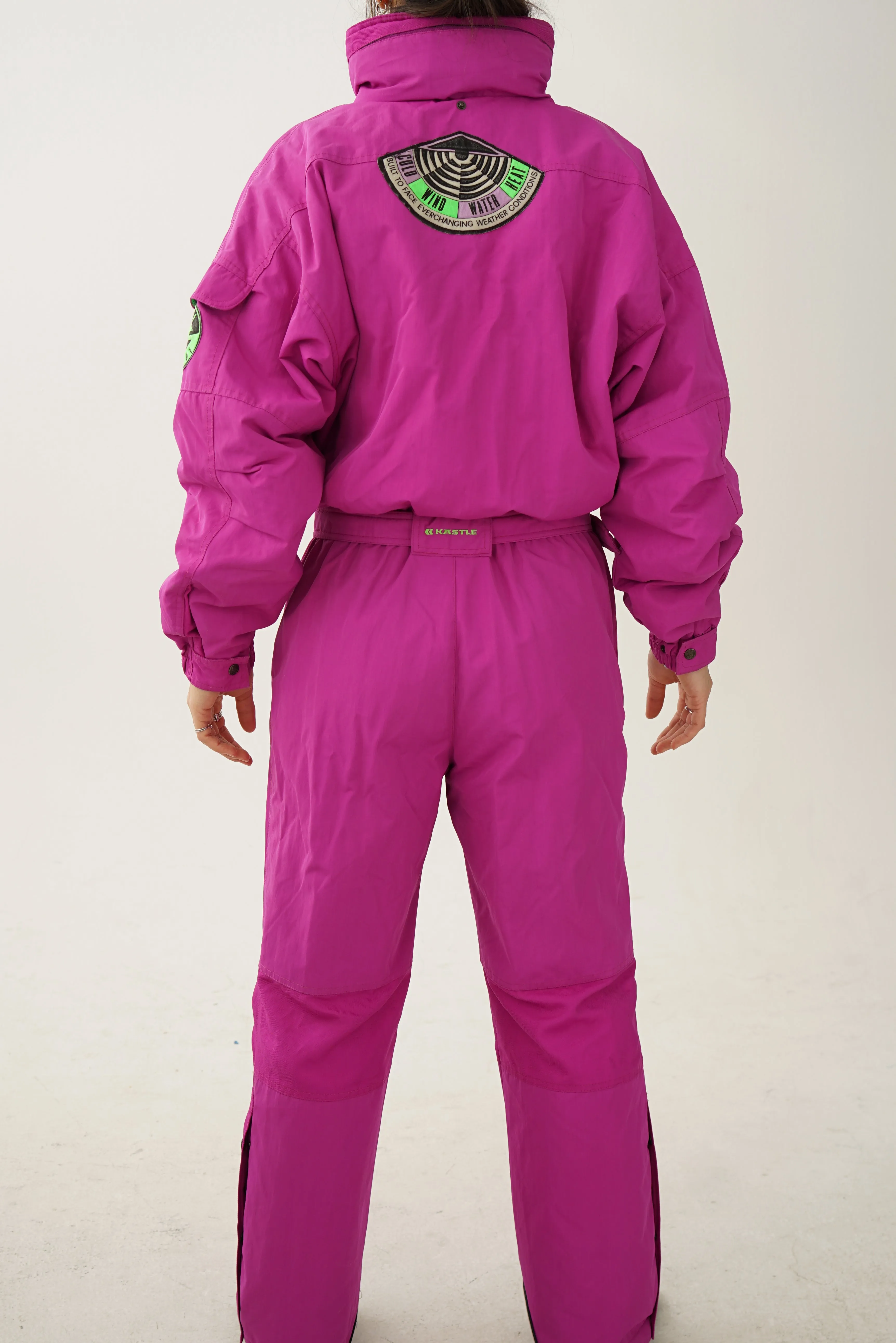 Vintage one piece Kastle ski suit, snow suit magenta T.48