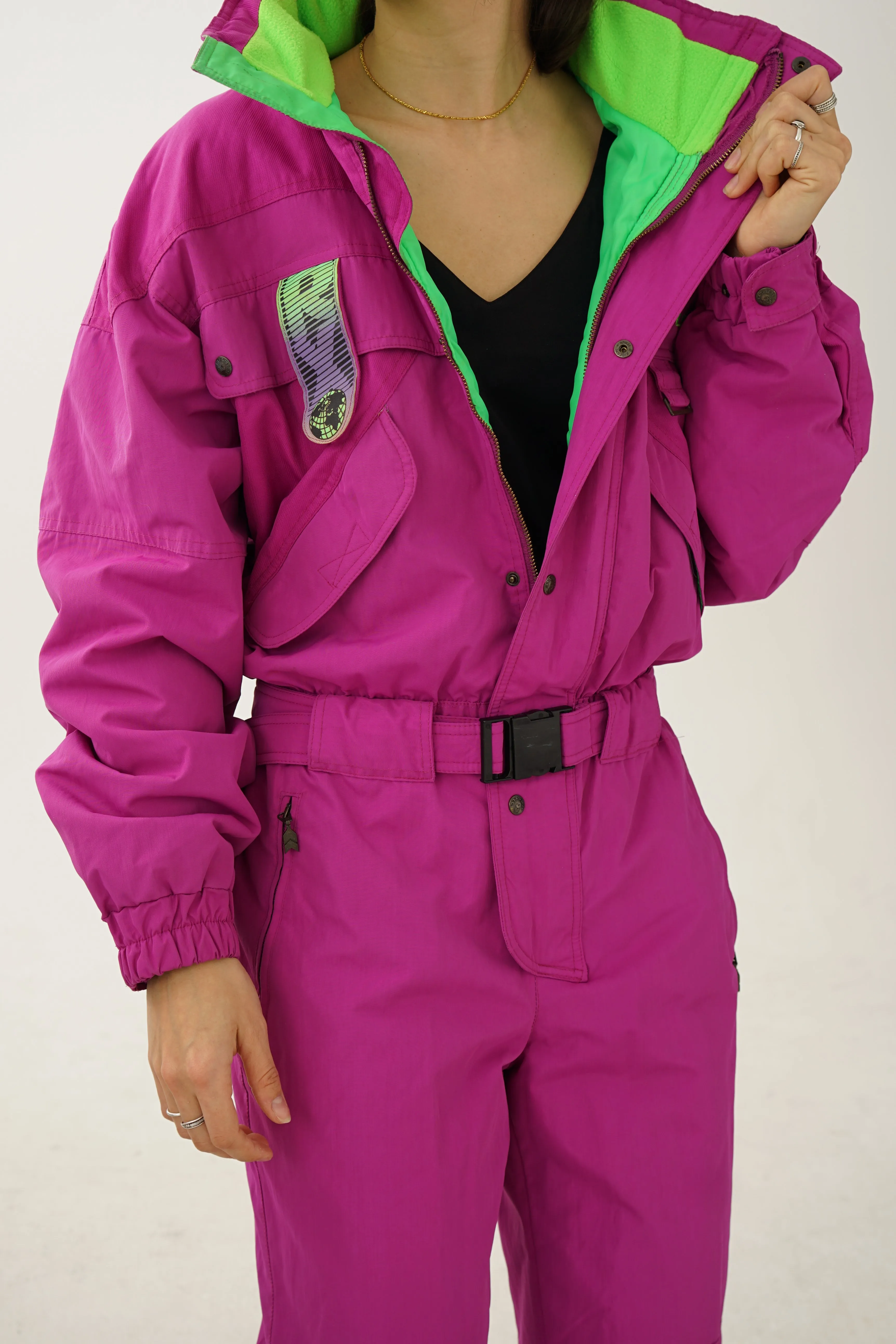 Vintage one piece Kastle ski suit, snow suit magenta T.48